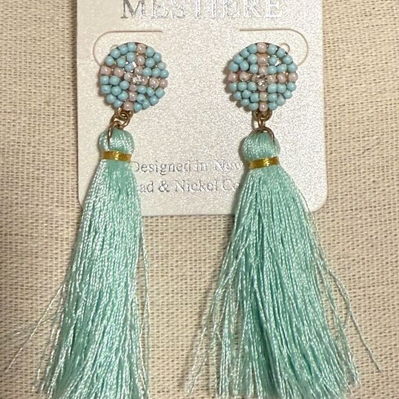 NWT Mestiere Silk Tassel earrings with Post Back. Mint color with Beaded Cap. - Picture 3 of 4